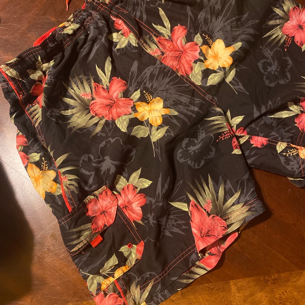 Floral Cargo Shorts - Black with Red and Yellow Accents